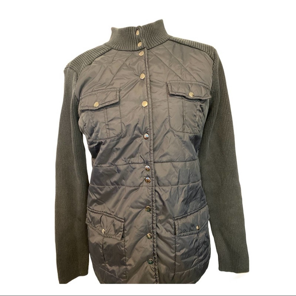 Style & Co Puffer Sweater Jacket Snap Up Ribbed Sleeves and Back Pockets Black M